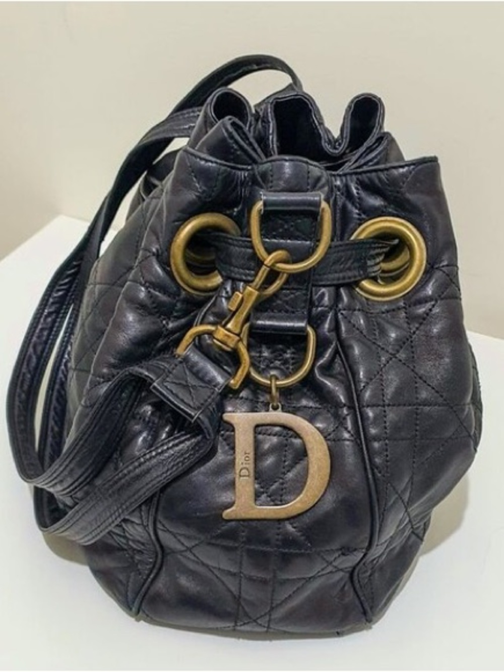 Christian Dior Black Cannage stitch Quilted Leather Drawstring Hobo Bag